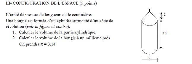 Sujet original du BEPC 2006 de mathématiques : configuration de l’espace, bougie