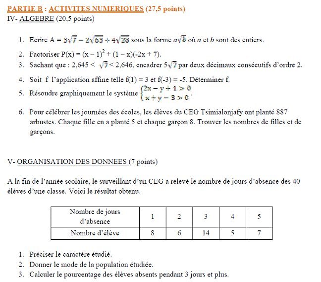 Sujet original du BEPC 2006 de mathématiques : partie B, algèbre et organisation des données
