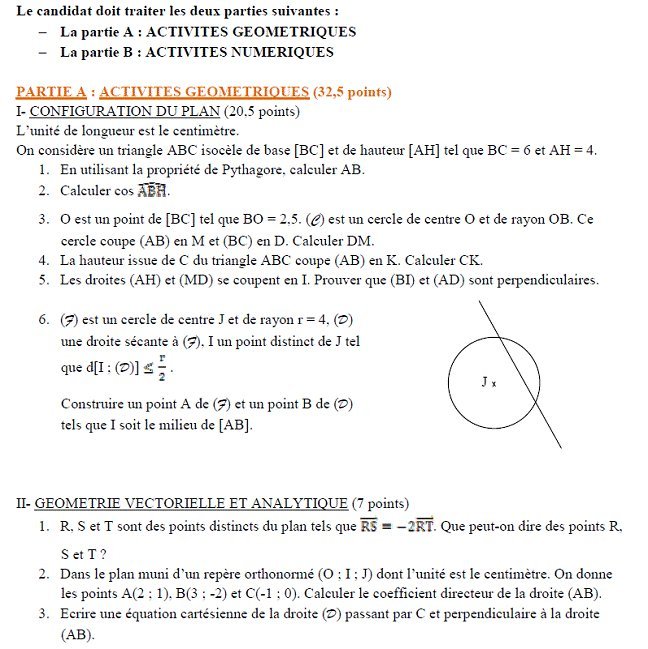 Sujet original du BEPC 2007 de mathématiques, Madagascar : partie A, configuration du plan et géométrie vectorielle