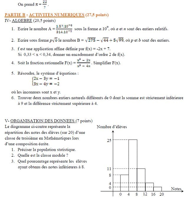 Sujet original du BEPC 2007 de mathématiques : partie B, algèbre et histogramme des notes