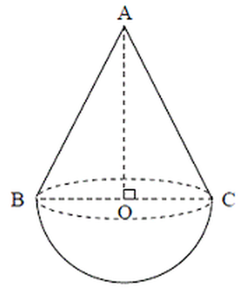 Figure du BEPC 2008 : jouet formé d’un cône de sommet A posé sur une demi-boule de diamètre [BC] et de centre O, hauteur [AO] perpendiculaire à (BC)