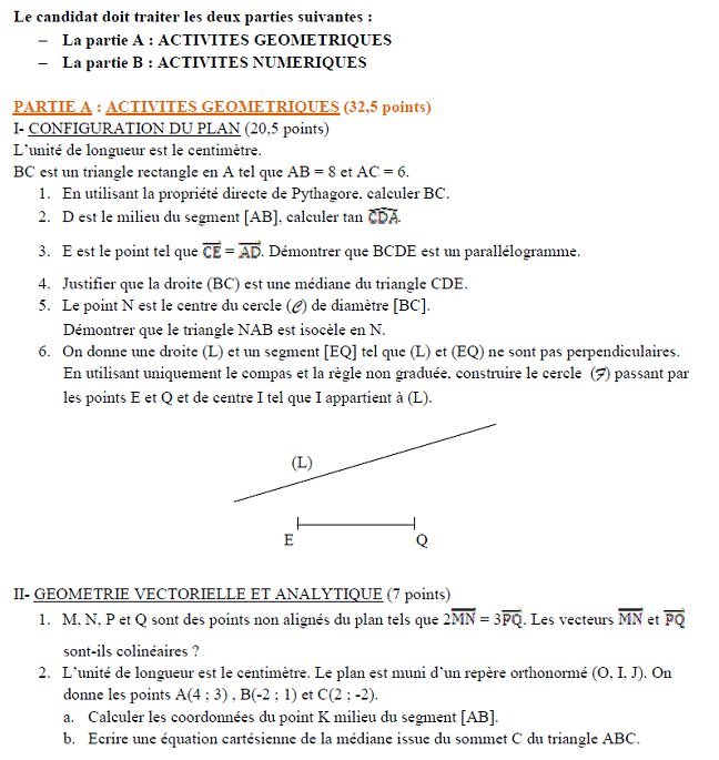 Sujet original du BEPC 2008 de mathématiques, Madagascar : partie A, exercices I et II