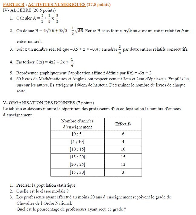 Sujet original du BEPC 2008 de mathématiques : partie B, algèbre et organisation des données