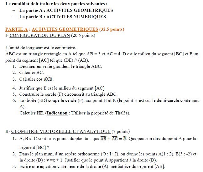 Sujet original du BEPC 2009 de mathématiques, Madagascar : partie A, exercices I et II