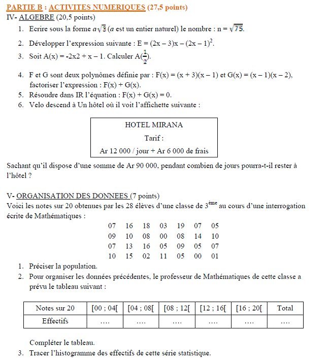 Sujet original du BEPC 2009 de mathématiques : partie B, algèbre et organisation des données