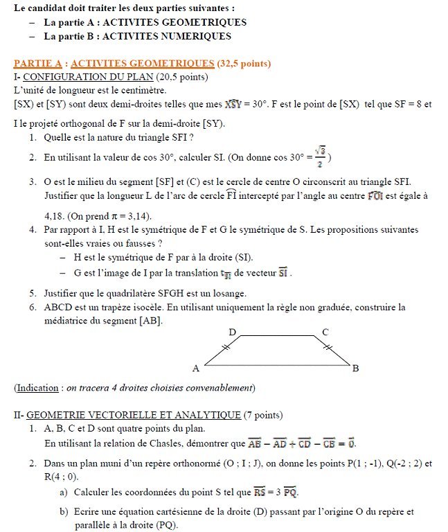 Sujet original du BEPC 2010 de mathématiques, Madagascar : partie A, exercices I et II