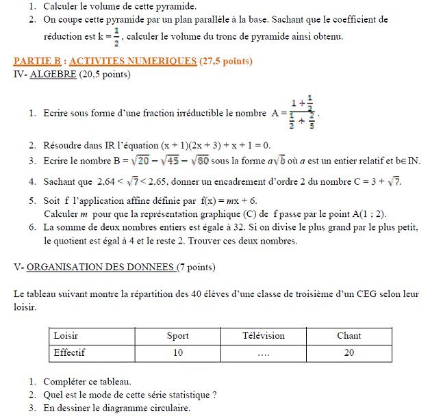Sujet original du BEPC 2010 de mathématiques : pyramide, partie B, algèbre et organisation des données
