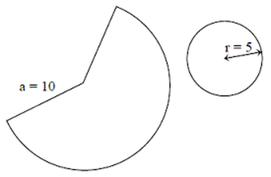 Figure du BEPC 2011 : patron d’un cône, secteur circulaire de rayon a = 10 et disque de base de rayon r = 5