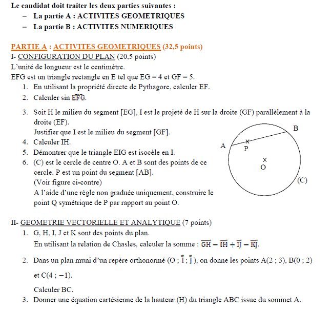 Sujet original du BEPC 2011 de mathématiques, Madagascar : partie A, exercices I et II