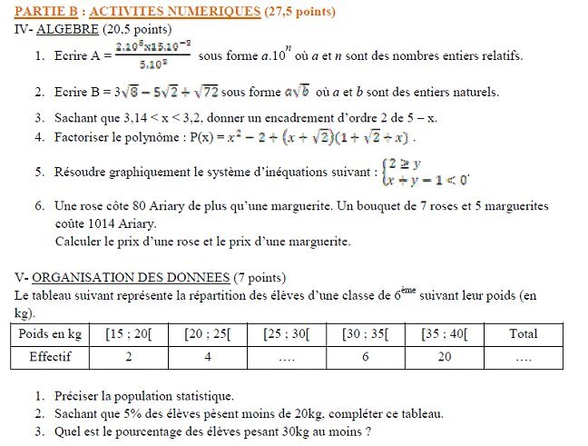 Sujet original du BEPC 2011 de mathématiques : partie B, algèbre et organisation des données