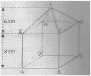 Figure du BEPC 2014, exercice III : cube ABCDEFGH de 8 cm d’arête surmonté de la pyramide SEFGH de 6 cm de hauteur