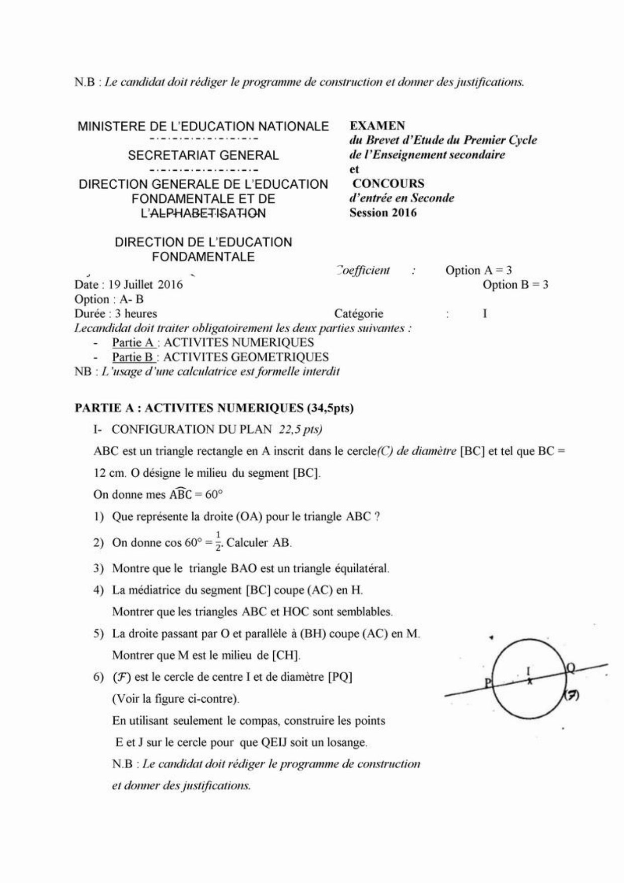 Sujet original du BEPC 2016 de mathématiques, Madagascar : en-tête du Ministère, triangle rectangle inscrit et losange au compas