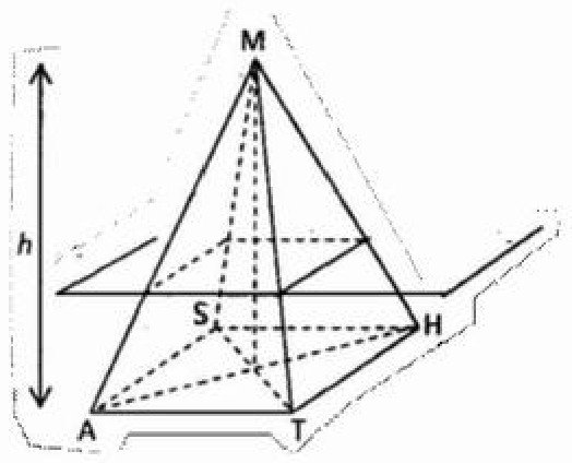 Figure du BEPC 2018, exercice II : pyramide régulière MATHS de sommet M, base carrée ATHS, hauteur h, coupée par un plan parallèle à la base