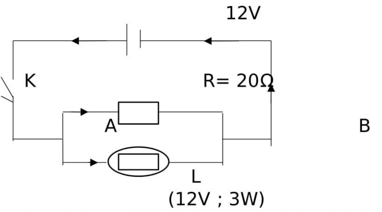 Circuit : générateur de 12 V et interrupteur K en série avec deux branches en parallèle, le résistor R = 20 Ω et la lampe L (12 V ; 3 W), entre les points A et B